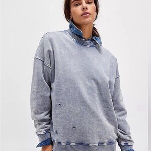 Free People Falling Forward Snow Washed Destroyed Crew Stone Blue M